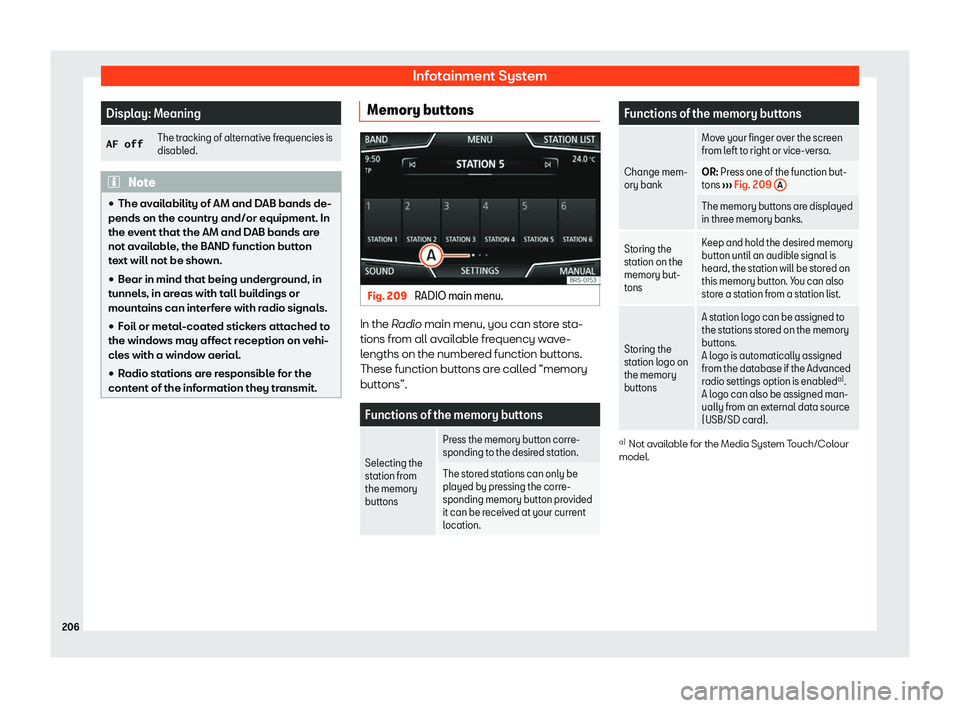Seat Ateca 2019  Owners Manual Infotainment System
Display: Meaning
�A�F� �o�f�f The tracking of alternative frequencies is
disabl
ed. Note
