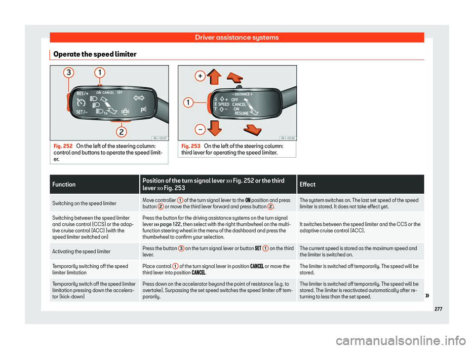 Seat Ateca 2019  Owners Manual Driver assistance systems
Operate the speed limiter Fig. 252 
On the left of the steering column:
control and butt ons t
o operate the speed limit-
er. Fig. 253 
On the left of the steering column:
th