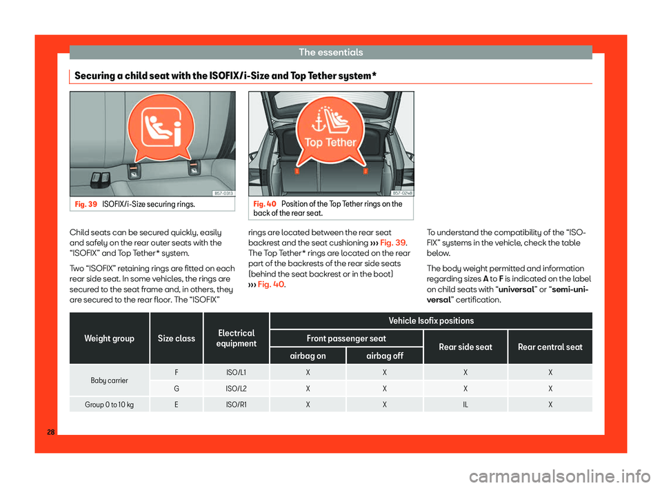 Seat Ateca 2019 Owners Guide The essentials
Securing a child seat with the ISOFIX/i-Size and Top Tether system* Fig. 39 
ISOFIX/i-Size securing rings. Fig. 40 
Position of the Top Tether rings on the
back of the rear seat. Child 