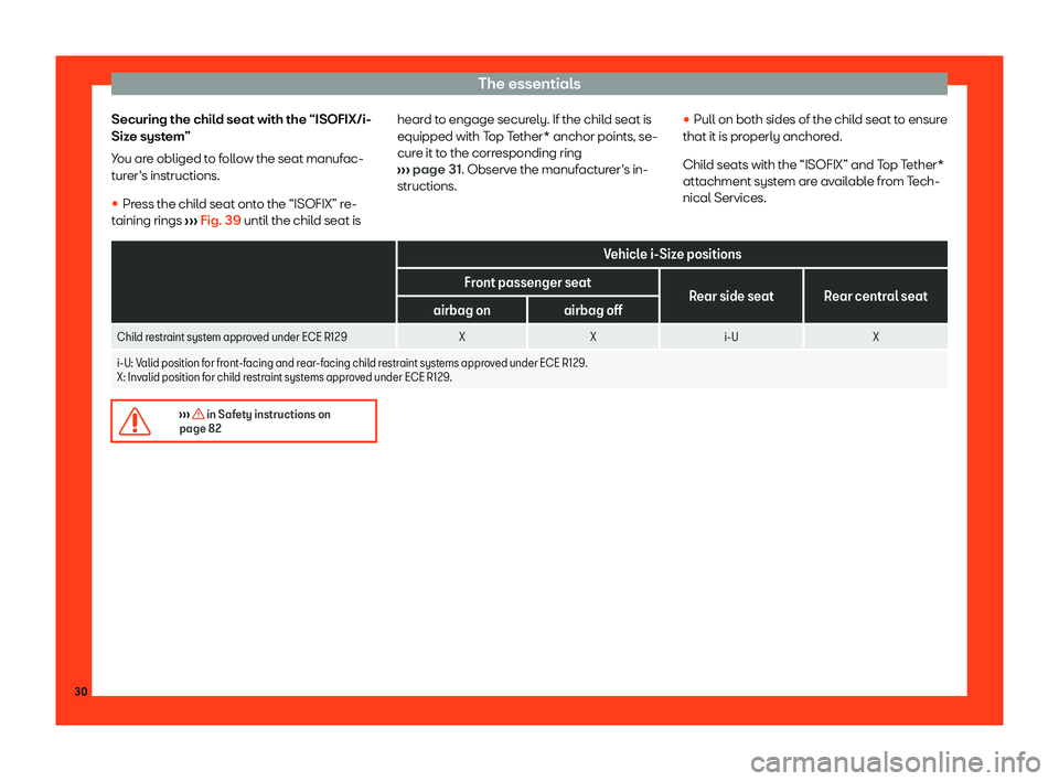 Seat Ateca 2019  Owners Manual The essentials
Securing the child seat with the “ISOFIX/i-
Siz e syst
em”
Y
ou are obliged to follow the seat manufac-
turer