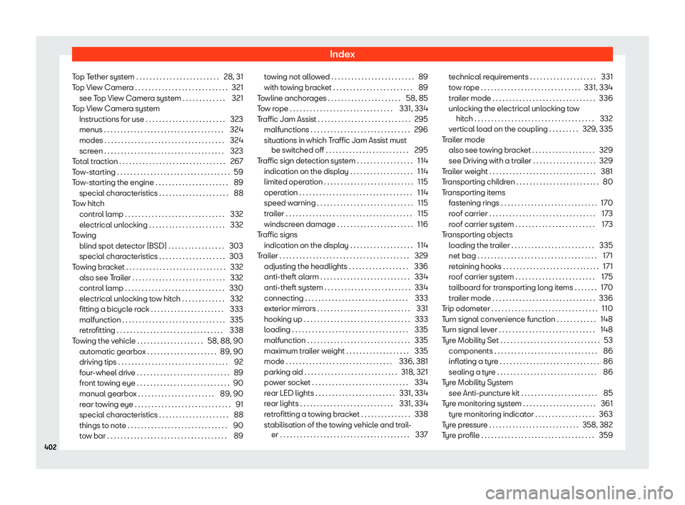 Seat Ateca 2019  Owners Manual Index
Top Tether system . . . . . . . . . . . . . . . . . . . . . . . . . 28, 31
T op Vie
w Camer
a . . . . . . . . . . . . . . . . . . . . . . . . . . . . 321
see Top View Camera system . . . . . . .