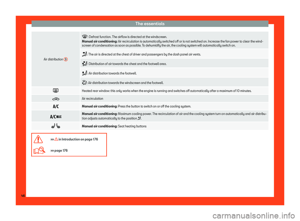 Seat Ateca 2019 Service Manual The essentials
Air distribution 
3 �
: Defr
ost function. The airfl o w is directed at the windscreen.
Manual air conditioning: Air recirculation is automatically switched off or is not switched on