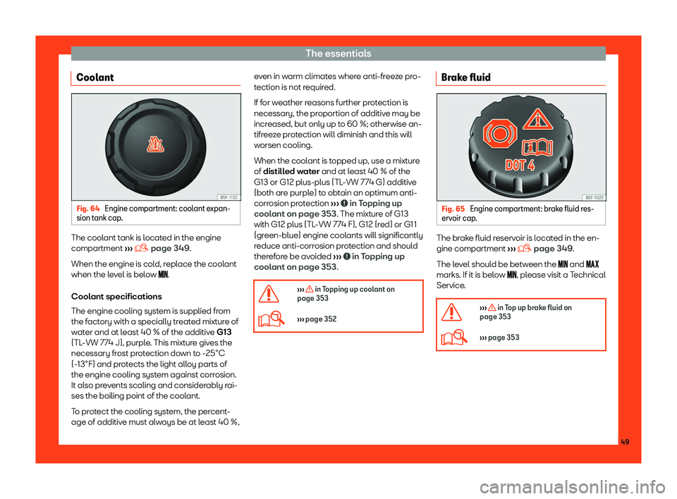 Seat Ateca 2019  Owners Manual The essentials
Coolant Fig. 64 
Engine compartment: coolant expan-
sion t ank cap . The coolant tank is located in the engine
compartment 
