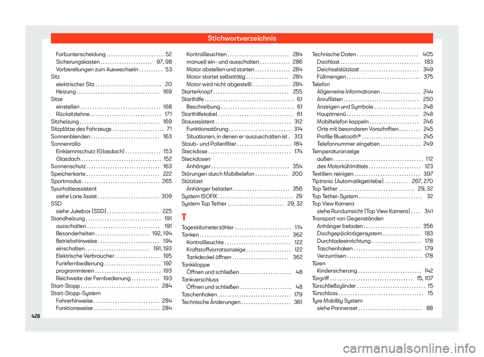Seat Ateca 2019 Betriebsanleitung (in German) Stichwortverzeichnis
Farbunterscheidung . . . . . . . . . . . . . . . . . . . . . . . . 52
Sicherungsk ast
en . . . . . . . . . . . . . . . . . . . . . .
97, 98
Vorbereitungen zum Auswechseln . . . . Seat Ateca 2019 Betriebsanleitung (in German) Stichwortverzeichnis
Farbunterscheidung . . . . . . . . . . . . . . . . . . . . . . . . 52
Sicherungsk ast
en . . . . . . . . . . . . . . . . . . . . . .
97, 98
Vorbereitungen zum Auswechseln . . . .