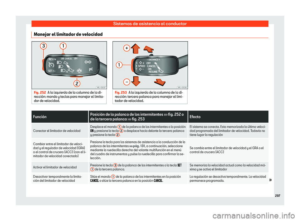Seat Ateca 2019  Manual del propietario (in Spanish) Sistemas de asistencia al conductor
Manejar el limitador de velocidad Fig. 252
A la izquierda de la columna de la di-
recci