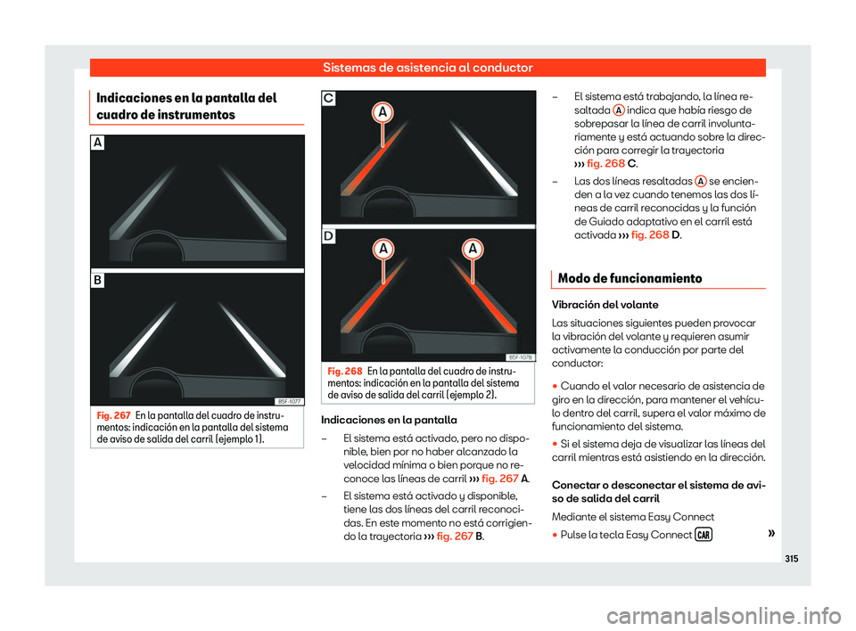 Seat Ateca 2019  Manual del propietario (in Spanish) Sistemas de asistencia al conductor
Indicaciones en la pantalla del
cuadr o de instrument
osFig. 267
En la pantalla del cuadro de instru-
ment os: indicaci