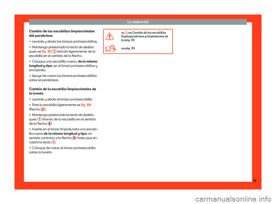 Seat Ateca 2019  Manual del propietario (in Spanish) Lo esencial
Cambio de las escobillas limpiacristales
del par abrisas
