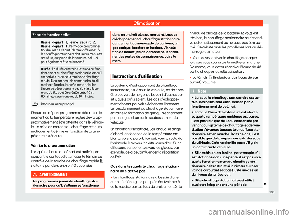 Seat Ateca 2019  Manuel du propriétaire (in French)  Climatisation
Zone de fonction : effet
  �H�e�u�r�e� �d�é�p�a�r�t� �1 , �H�e�u�r�e� �d�é�p�a�r�t� �2 ,
�H�e�u�r�e� �d�é�p�a�r�t� �3  : Permet de progr
ammer
trois heures de d