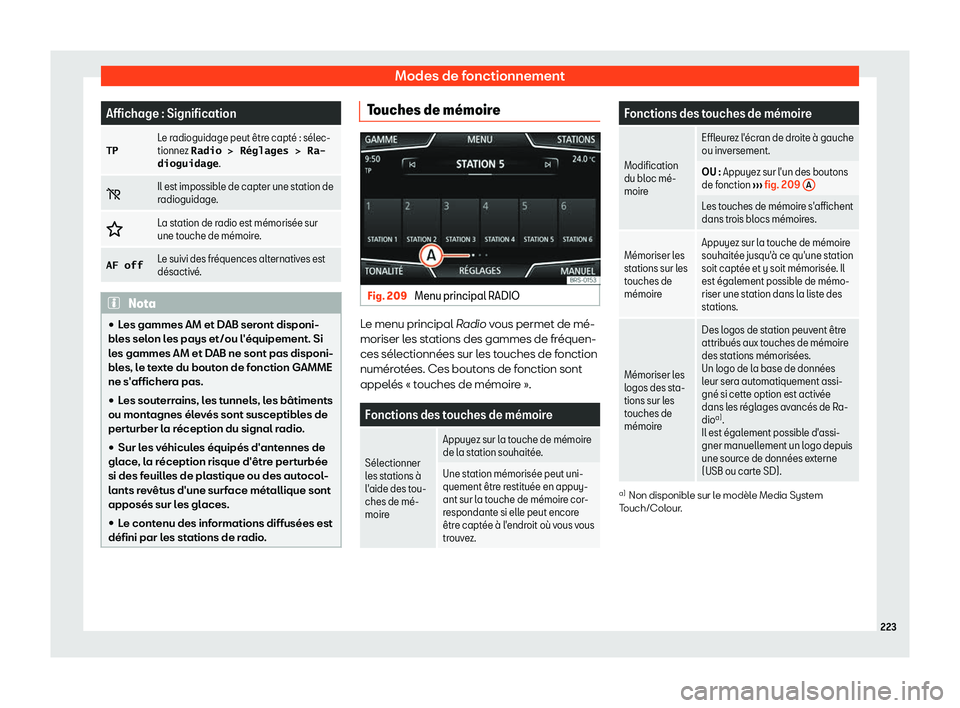 Seat Ateca 2019  Manuel du propriétaire (in French)  Modes de fonctionnement
Affichage : Signification
�T�P Le radioguidage peut 