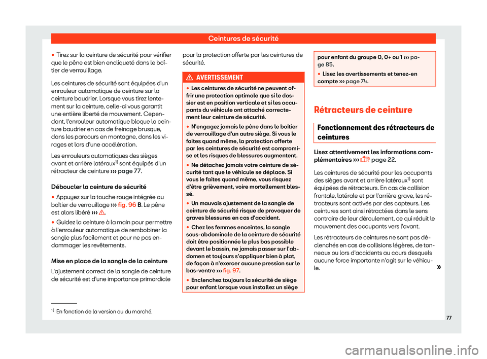 Seat Ateca 2019 Manuel du propriétaire (in French) Ceintures de s Seat Ateca 2019 Manuel du propriétaire (in French) Ceintures de s