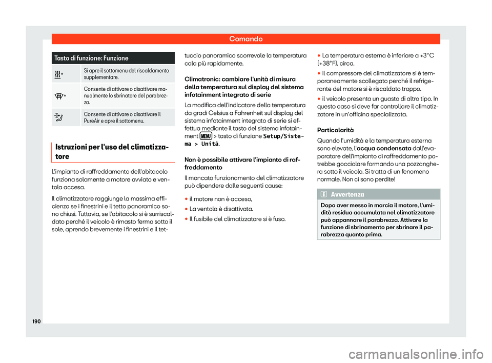 Seat Ateca 2019  Manuale del proprietario (in Italian) Comando
Tasto di funzione: Funzione
� * Si apre il sottomenu del riscaldamento
supplement
ar
e.
� * Consente di attivare o disattivare ma-
nualmente l
o sbrinat

ore del parabrez-
za.
� Conse