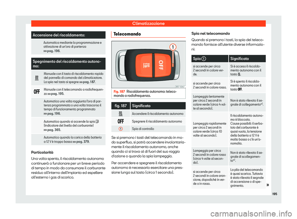 Seat Ateca 2019  Manuale del proprietario (in Italian) Climatizzazione
Accensione del riscaldamento:
  Automatica mediante la programmazione e
attivazione di un