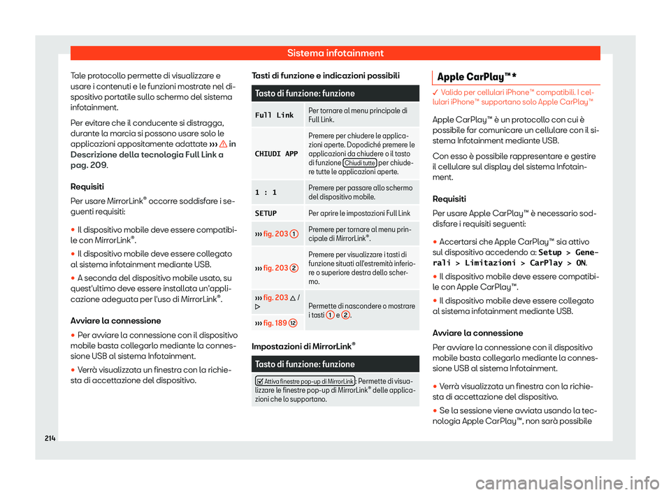 Seat Ateca 2019  Manuale del proprietario (in Italian) Sistema infotainment
Tale protocollo permette di visualizzare e
usar e i cont
enuti e l
e funzioni mostrate nel di-
spositivo portatile sullo schermo del sistema
infotainment.
Per evitare che il condu