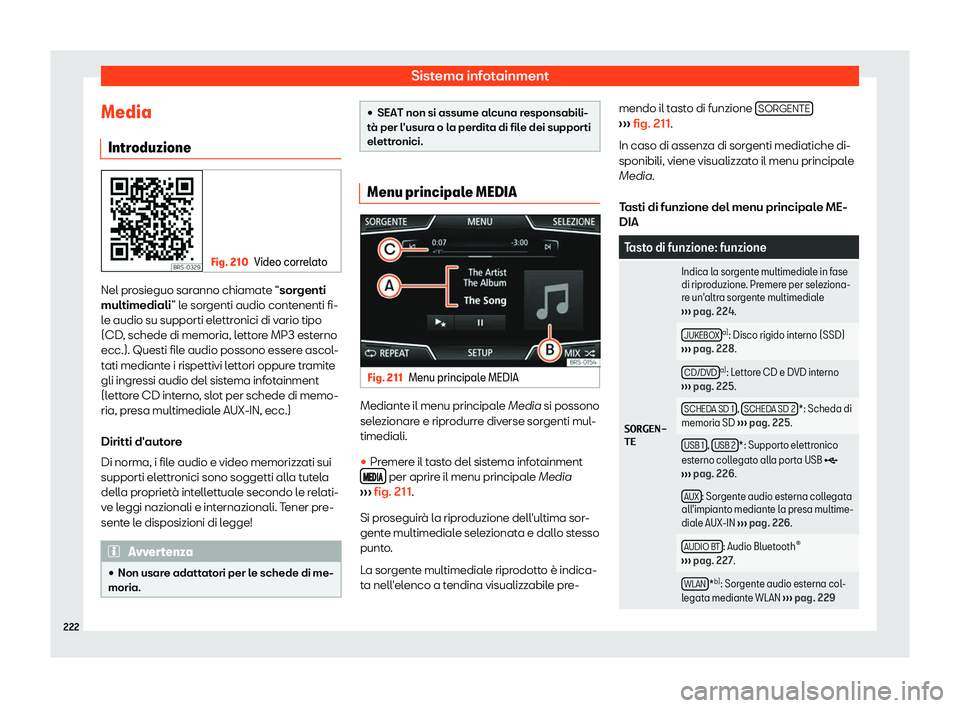 Seat Ateca 2019  Manuale del proprietario (in Italian) Sistema infotainment
Media Intr oduzione Fig. 210
Video correlato Nel prosieguo saranno chiamate “sor
genti
multimediali ” l
e sorgenti audio contenenti fi-
le audio su supporti elettronici di var