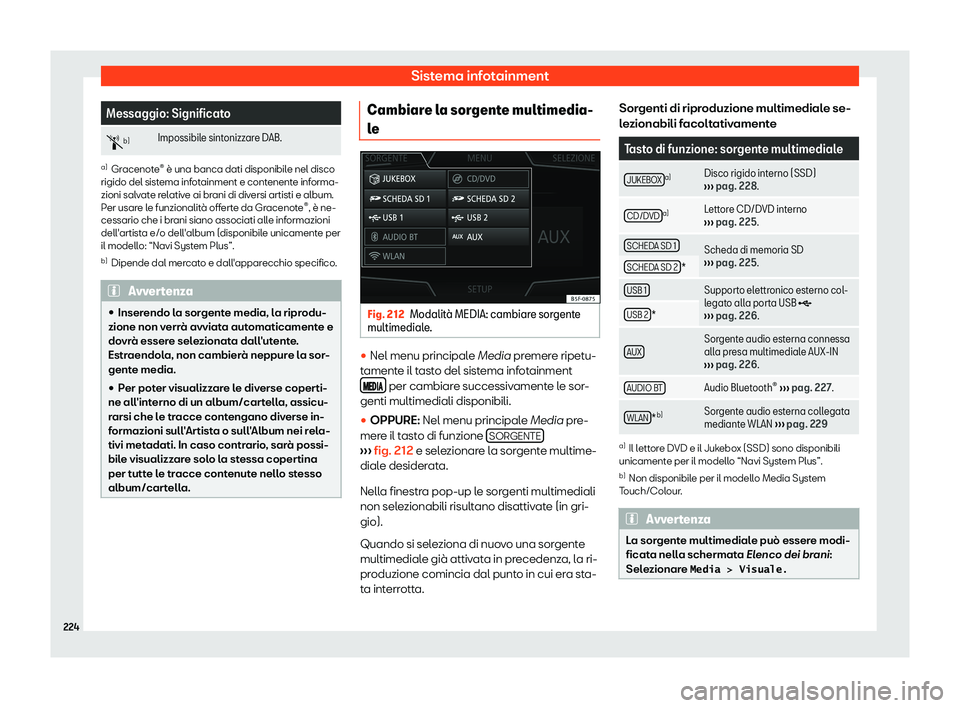 Seat Ateca 2019  Manuale del proprietario (in Italian) Sistema infotainment
Messaggio: Significato
�s b)
Impossibile sintonizzare DAB. a)
Gracenote 