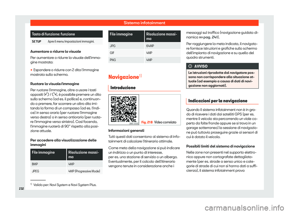 Seat Ateca 2019  Manuale del proprietario (in Italian) Sistema infotainment
Tasto di funzione: funzione
�S�E�T�U�P Apre il menu Impostazioni immagini.Aumentare o ridurre la visuale
Per aument
ar
e o ridurre la visuale dell
