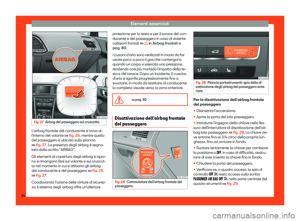 Seat Ateca 2019  Manuale del proprietario (in Italian) Elementi essenziali
Fig. 27
Airbag del passeggero sul cruscotto. L
