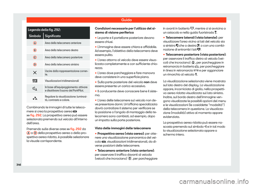 Seat Ateca 2019  Manuale del proprietario (in Italian) Guida
Legenda della fig. 292:
Simbolo Significato
A Area della telecamera anteriore
B Area della telecamera destra
C Area della telecamera posteriore
D Area della telecamera sinistra
� Uscire dalla r