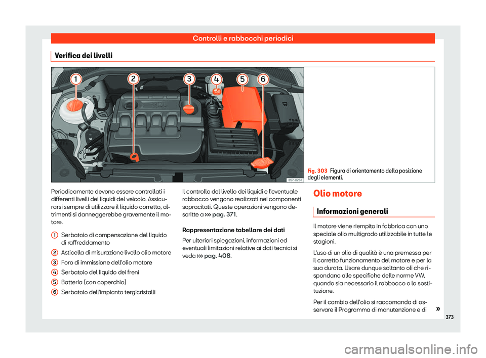 Seat Ateca 2019  Manuale del proprietario (in Italian) Controlli e rabbocchi periodici
Verifica dei livelli Fig. 303
Figura di orientamento della posizione
degli el ementi. Periodicamente devono essere controllati i
diff
er
enti liv
elli dei liquidi del v