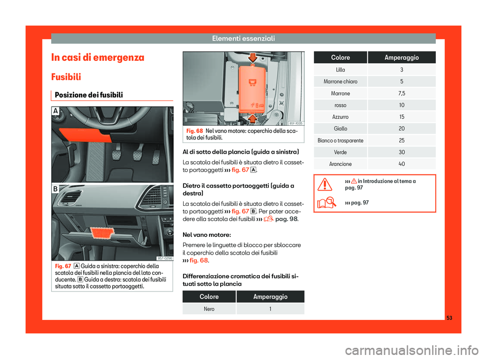 Seat Ateca 2019  Manuale del proprietario (in Italian) Elementi essenziali
In casi di emergenza
Fusibili P osizione dei fusibili Fig. 67
� Guida a sinistra: coper chio dell a
scatola dei fusibili nella plancia del lato con-
ducente. �  Guida a destr
