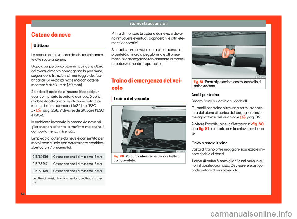 Seat Ateca 2019  Manuale del proprietario (in Italian) Elementi essenziali
Catene da neve Utilizz o Le catene da neve sono destinate unicamen-
te all
e ruot
e anteriori.
Dopo aver percorso alcuni metri, controllare
ed eventualmente correggerne la posizion