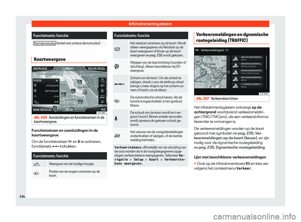 Seat Ateca 2019  Handleiding (in Dutch) Infotainmentsysteem
Functietoets: functie
Start demomodus  (enkel met actieve demomodus)
Kaartweergave
Afb. 206
Aanduidingen en functietoetsen in de
k aartw
eer
gave. Functietoetsen en aanduidingen in