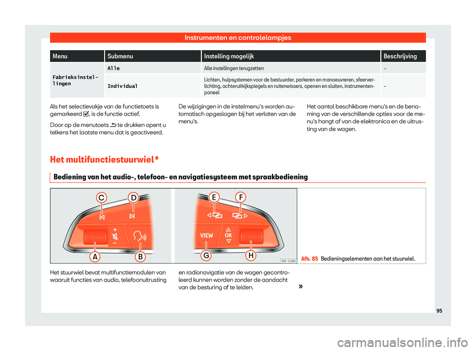 Seat Ateca 2019  Handleiding (in Dutch) Instrumenten en controlelampjes
Menu
Submenu Instelling mogel
