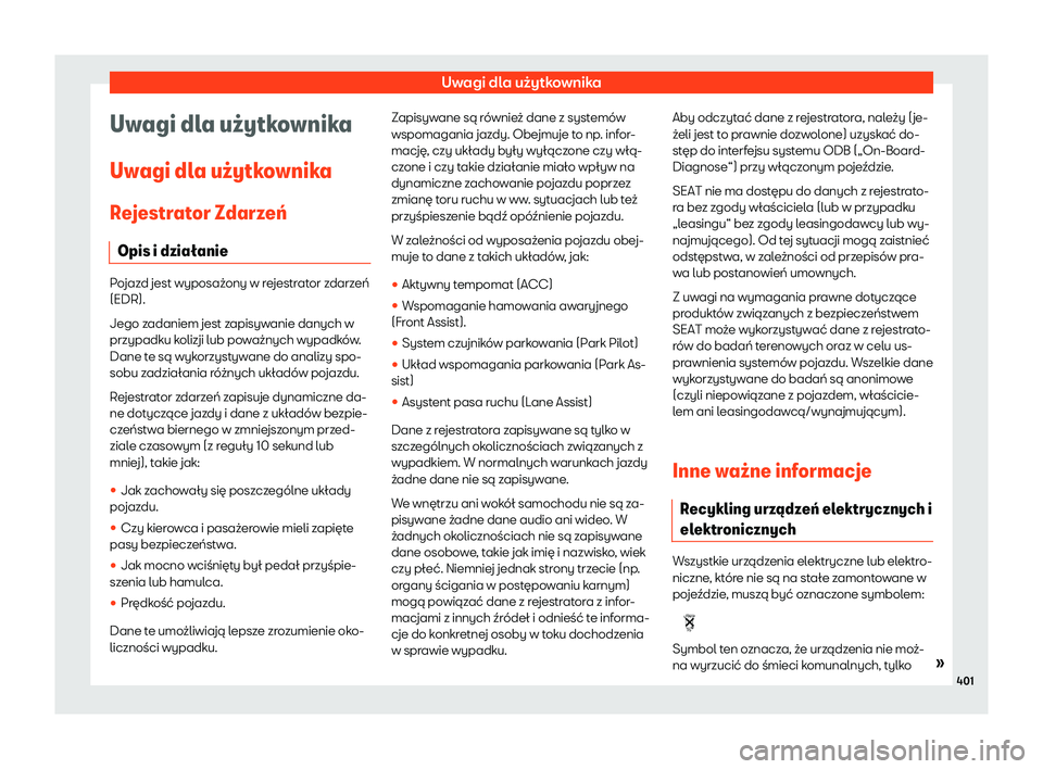 Seat Ateca 2019  Instrukcja Obsługi (in Polish) Uwagi dla u