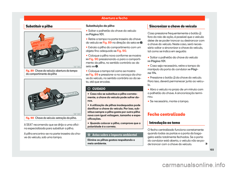 Seat Ateca 2019  Manual do proprietário (in Portuguese)  Abertura e fecho
Substituir a pilha Fig. 89
Chave do ve