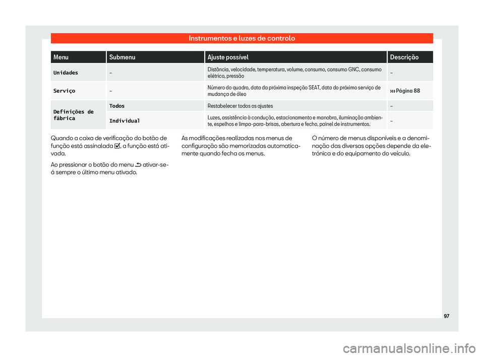 Seat Ateca 2019  Manual do proprietário (in Portuguese)  Instrumentos e luzes de controlo
Menu
Submenu Ajuste poss