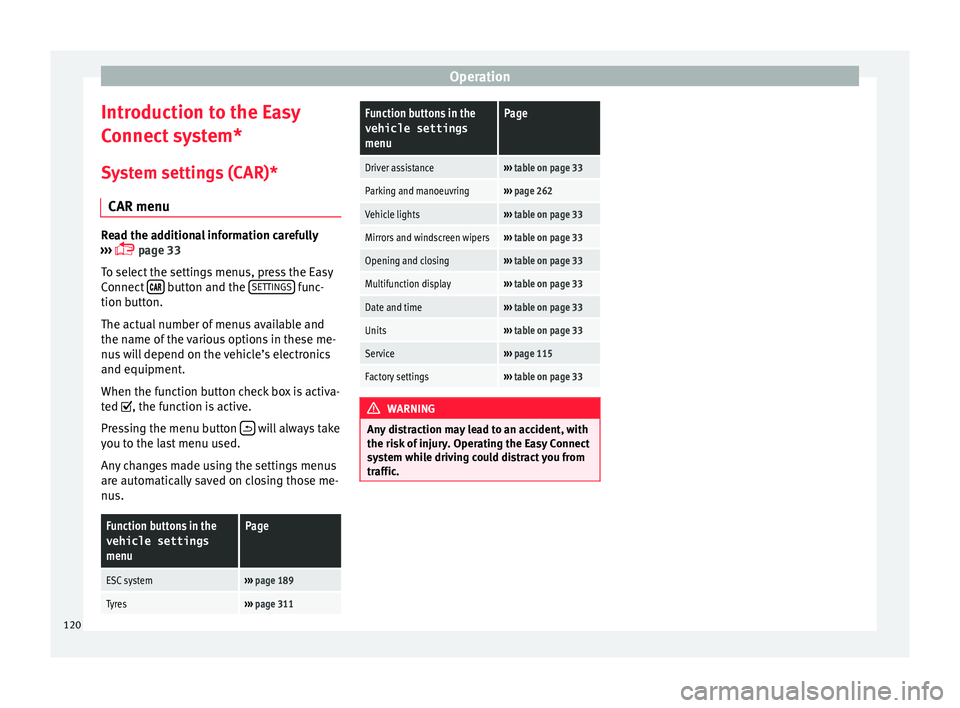 Seat Ateca 2018 Owners Guide Operation
Introduction to the Easy
C onnect
sy
stem*
System settings (CAR)* CAR menu Read the additional information carefully
›› ›
page 33
To select the settings menus, press the Easy
Co Seat Ateca 2018 Owners Guide Operation
Introduction to the Easy
C onnect
sy
stem*
System settings (CAR)* CAR menu Read the additional information carefully
›› ›
page 33
To select the settings menus, press the Easy
Co