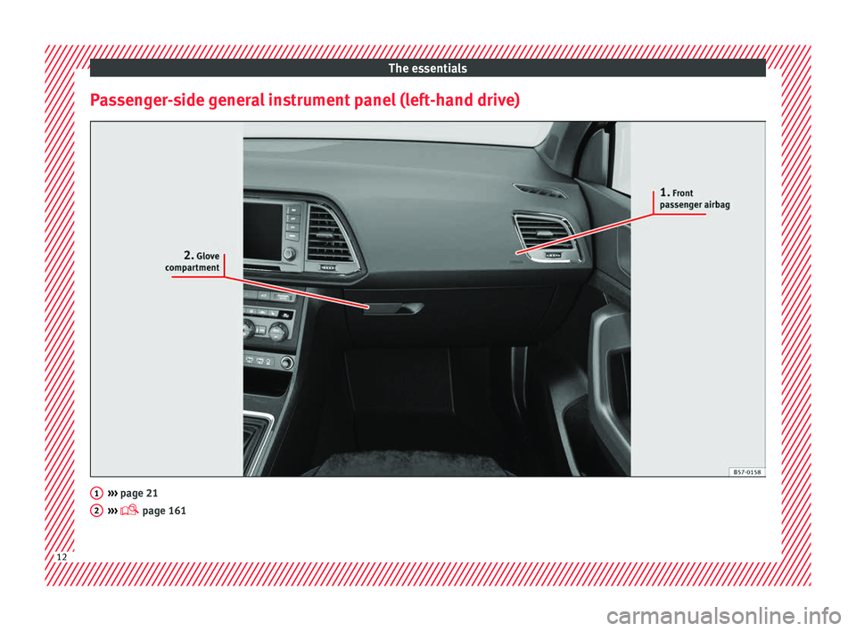 Seat Ateca 2018 User Guide The essentials
Passenger-side general instrument panel (left-hand drive) ››› 
page 21
› ›
›  page 161 1
2
12  