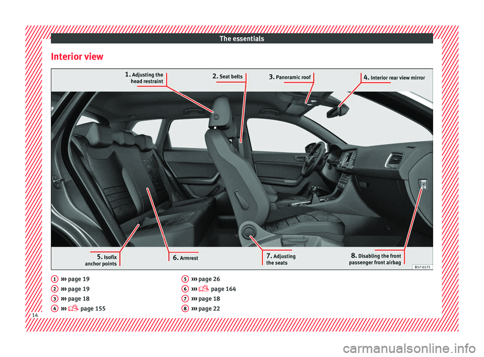 Seat Ateca 2018 User Guide The essentials
Interior view ››› 
page 19
› ›
› page 19
›››  page 18
›››   page 155
1 2
3
4 ››› 
page 26
› ›
›  page 164
›››  page 18
›››  page 22