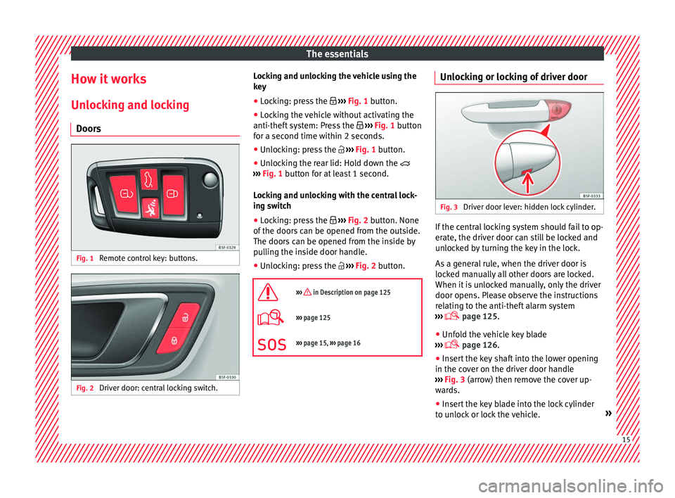 Seat Ateca 2018  Owners Manual The essentials
How it works
Un loc
k
ing and locking
Doors Fig. 1 
Remote control key: buttons. Fig. 2 
Driver door: central locking switch. Locking and unlocking the vehicle using the
k
ey
● Loc
ki