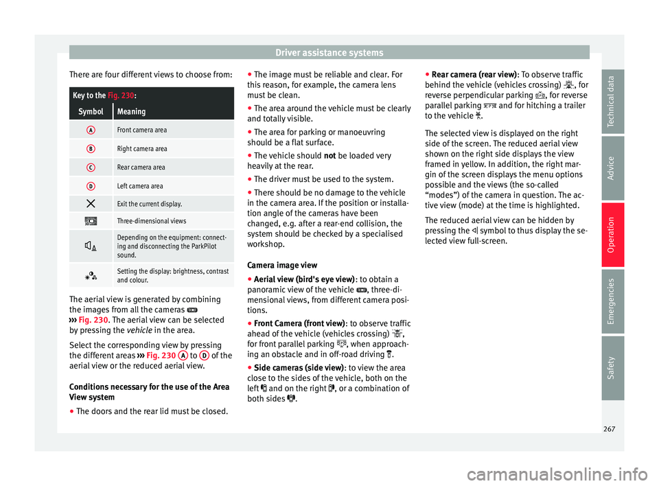 Seat Ateca 2018 Owners Manual Driver assistance systems
There are four different views to choose from:Key to the Fig. 230:
SymbolMeaning
AFront camera area
BRight camera area
CRear camera area
DLeft camera area
Exit the curre Seat Ateca 2018 Owners Manual Driver assistance systems
There are four different views to choose from:Key to the Fig. 230:
SymbolMeaning
AFront camera area
BRight camera area
CRear camera area
DLeft camera area
Exit the curre