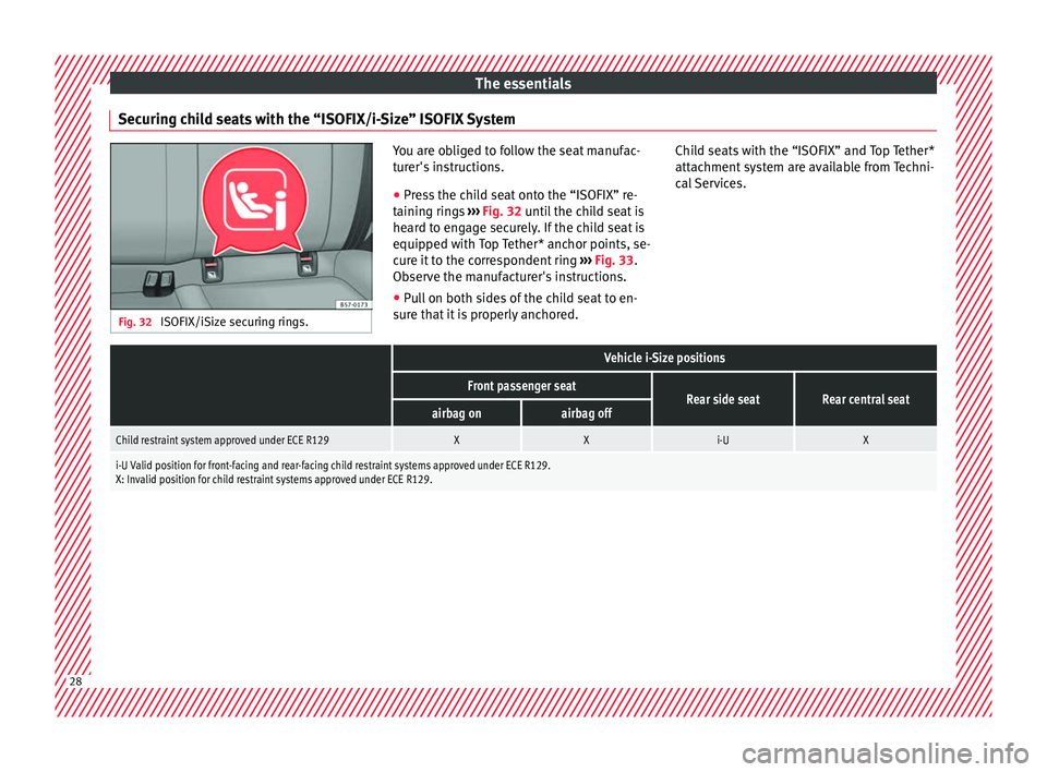 Seat Ateca 2018 Owners Manual The essentials
Securing child seats with the “ISOFIX/i-Size” ISOFIX System Fig. 32
ISOFIX/iSize securing rings. You are obliged to follow the seat manufac-
tur
er's
instructions.
● Press t Seat Ateca 2018 Owners Manual The essentials
Securing child seats with the “ISOFIX/i-Size” ISOFIX System Fig. 32
ISOFIX/iSize securing rings. You are obliged to follow the seat manufac-
tur
er's
instructions.
● Press t
