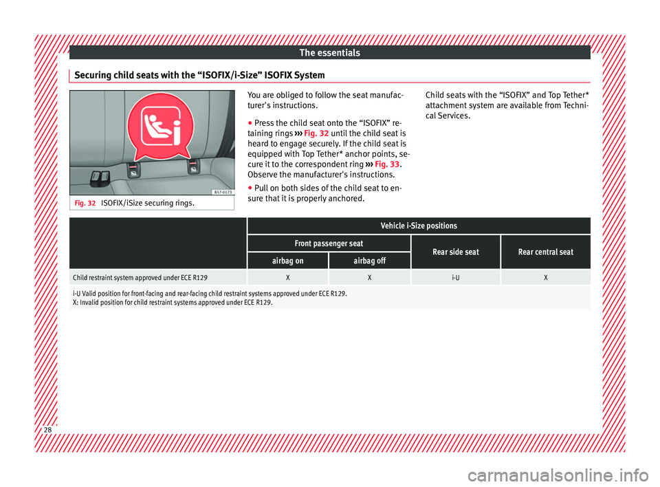 Seat Ateca 2018  Owners Manual The essentials
Securing child seats with the “ISOFIX/i-Size” ISOFIX System Fig. 32 
ISOFIX/iSize securing rings. You are obliged to follow the seat manufac-
tur
er's
 instructions.
● Press t