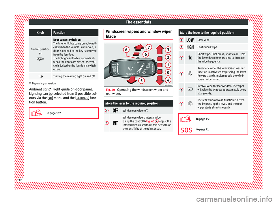 Seat Ateca 2018  Owners Manual The essentialsKnobFunction
Central position
or
a)
Door contact switch-on.
The interior lights come on automati-
cally when the vehicle is unlocked, a
door is opened or the key is removed
from the i