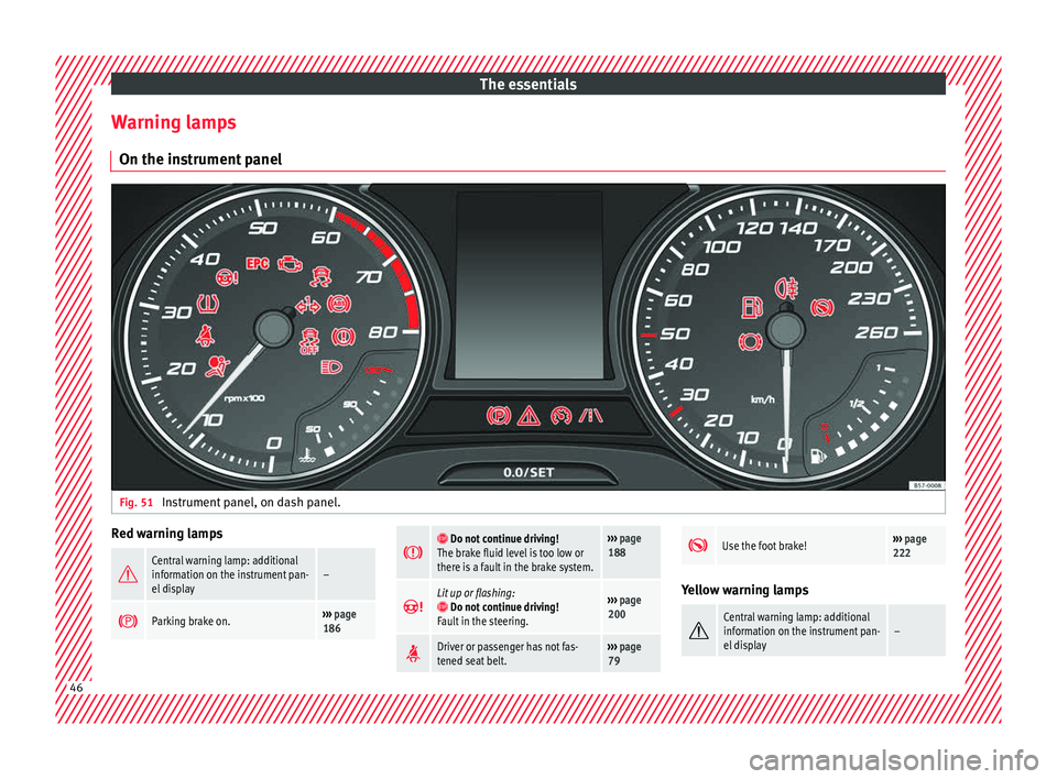 Seat Ateca 2018 User Guide The essentials
Warning lamps On the in s
trument
panelFig. 51
Instrument panel, on dash panel. Red warning lamps
Central warning lamp: additional
information on the instrument pan-
el display– Seat Ateca 2018 User Guide The essentials
Warning lamps On the in s
trument
panelFig. 51
Instrument panel, on dash panel. Red warning lamps
Central warning lamp: additional
information on the instrument pan-
el display–