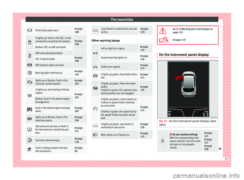 Seat Ateca 2018 Owners Manual The essentials
Front brake pads worn.›››
page
188
it lights up:
Fault in the ESC, or dis-
connection caused by the system.››› page
189
flashes: ESC or ASR activated.
ASR ma Seat Ateca 2018 Owners Manual The essentials
Front brake pads worn.›››
page
188
it lights up:
Fault in the ESC, or dis-
connection caused by the system.››› page
189
flashes: ESC or ASR activated.
ASR ma