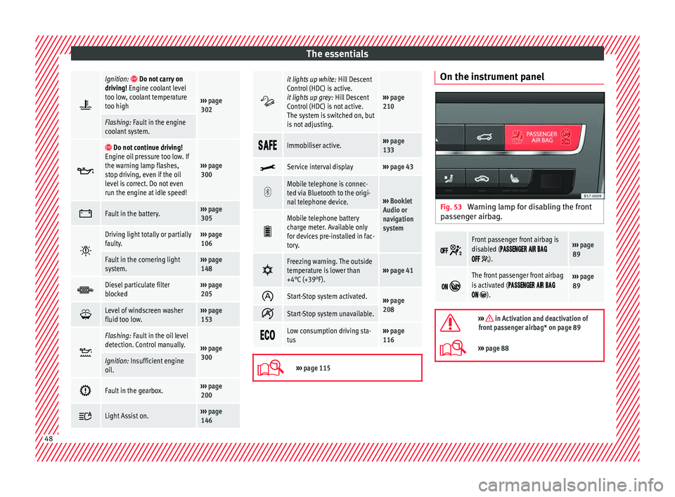 Seat Ateca 2018 Owners Manual The essentials
Ignition: Do not carry on
driving! Engine coolant level
too low, coolant temperature
too high
››› page
302
Flashing: Fault in the engine
coolant system.
Do not c Seat Ateca 2018 Owners Manual The essentials
Ignition: Do not carry on
driving! Engine coolant level
too low, coolant temperature
too high
››› page
302
Flashing: Fault in the engine
coolant system.
Do not c
