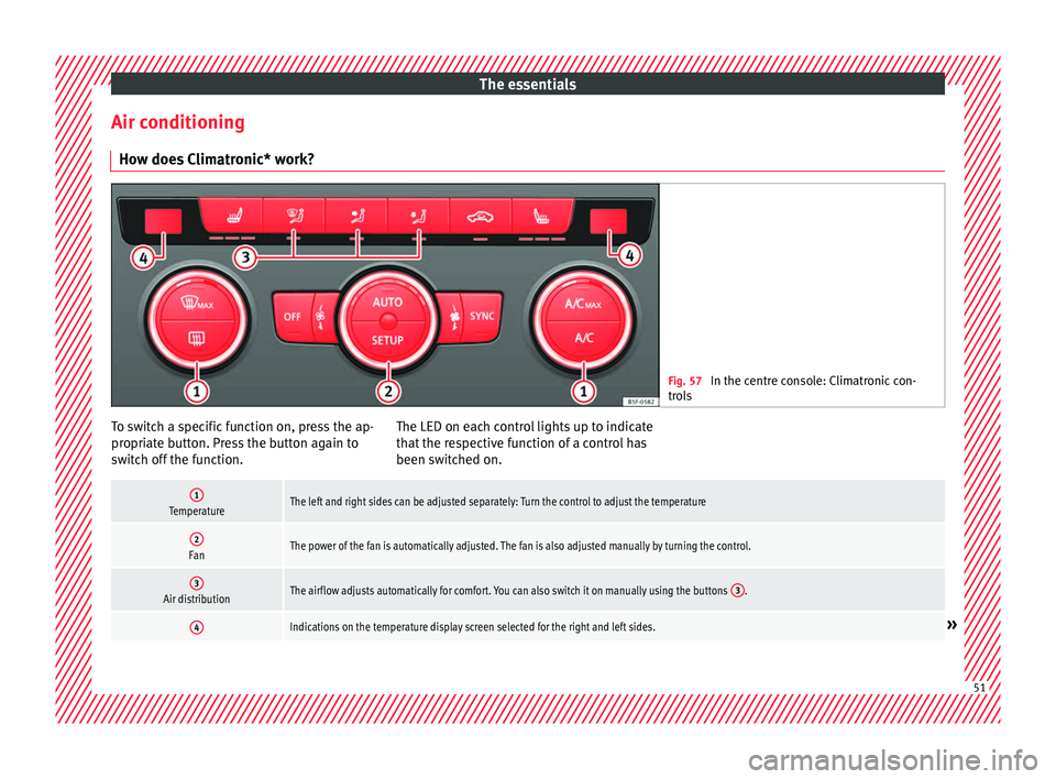 Seat Ateca 2018  Owners Manual The essentials
Air conditioning Ho w doe
s
 Climatronic* work? Fig. 57 
In the centre console: Climatronic con-
tro l

s To switch a specific function on, press the ap-
pr
opri
at

e button. Press the