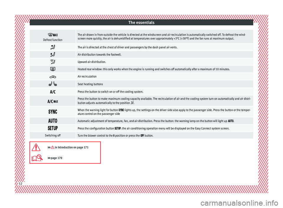 Seat Ateca 2018  Owners Manual The essentials


Defrost functionThe air drawn in from outside the vehicle is directed at the windscreen and air recirculation is automatically switched off. To defrost the wind-
screen mo