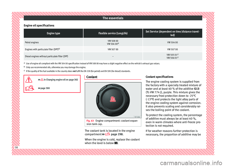 Seat Ateca 2018 Owners Manual The essentials
Engine oil specificationsEngine typeFlexible service (LongLife)Set Service (dependent on time/distance travel- led)
Petrol enginesVW 508 00
VW 504 00 a)VW 504 00
Engines with particulat Seat Ateca 2018 Owners Manual The essentials
Engine oil specificationsEngine typeFlexible service (LongLife)Set Service (dependent on time/distance travel- led)
Petrol enginesVW 508 00
VW 504 00 a)VW 504 00
Engines with particulat