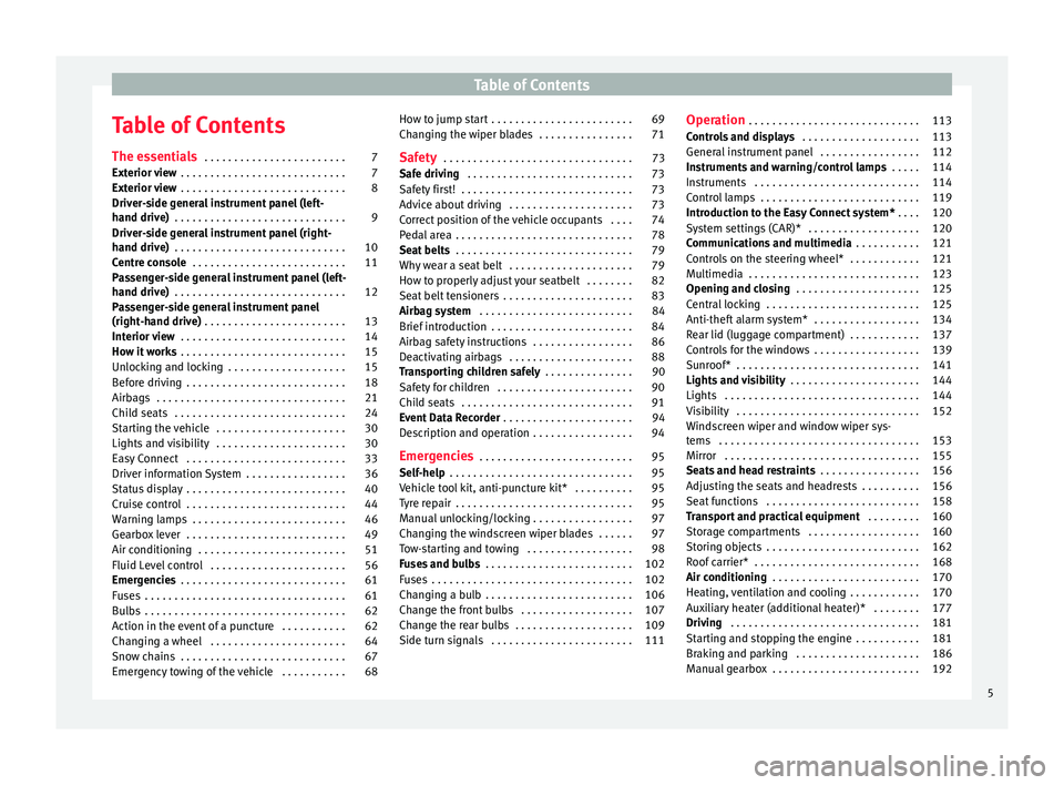 Seat Ateca 2018 Owners Manual Table of Contents
Table of Contents
The e s
senti
als . . . . . . . . . . . . . . . . . . . . . . . . 7
Exterior view . . . . . . . . . . . . . . . . . . . . . . . . . . . . 7
Exterior view . . . . Seat Ateca 2018 Owners Manual Table of Contents
Table of Contents
The e s
senti
als . . . . . . . . . . . . . . . . . . . . . . . . 7
Exterior view . . . . . . . . . . . . . . . . . . . . . . . . . . . . 7
Exterior view . . . .