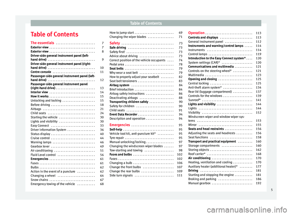 Seat Ateca 2018  Owners Manual Table of Contents
Table of Contents
The e s
senti
als . . . . . . . . . . . . . . . . . . . . . . . . 7
Exterior view  . . . . . . . . . . . . . . . . . . . . . . . . . . . . 7
Exterior view  . . . . 