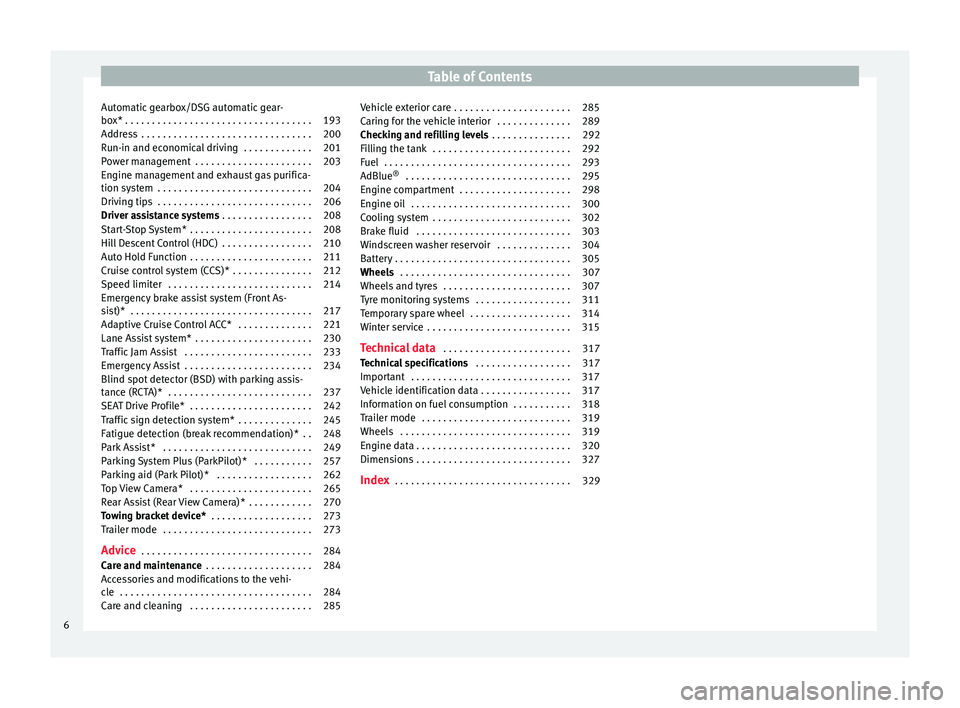Seat Ateca 2018  Owners Manual Table of Contents
Automatic gearbox/DSG automatic gear-
bo x*
 . . . . . . . . . . . . . . . . . . . . . . . . . . . . . . . . . . . 193
Ad
dress  . . . . . . . . . . . . . . . . . . . . . . . . . . .