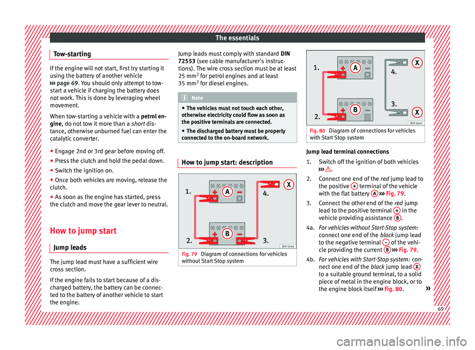 Seat Ateca 2018 Owners Manual The essentials
Tow-starting If the engine will not start, first try starting it
us
in
g the battery of another vehicle
››› page 69. You should only attempt to tow-
start a vehicle if charging t Seat Ateca 2018 Owners Manual The essentials
Tow-starting If the engine will not start, first try starting it
us
in
g the battery of another vehicle
››› page 69. You should only attempt to tow-
start a vehicle if charging t