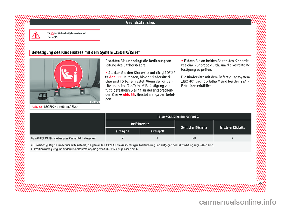 Seat Ateca 2018  Betriebsanleitung (in German) Grundsätzliches
›››  in Sicherheitshinweise auf
Seite 95 Befestigung des Kindersitzes mit dem System „ISOFIX/iSize“
Abb. 32 
ISOFIX-Halteösen/iSize. Beachten Sie unbedingt die Bedienung
