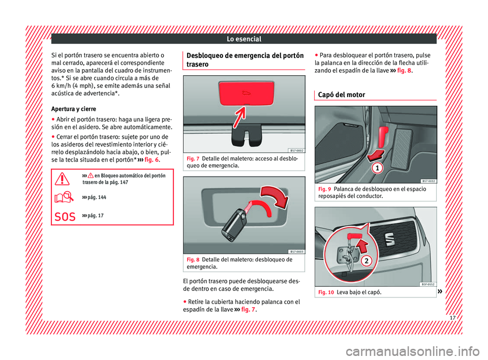 Seat Ateca 2018  Manual del propietario (in Spanish) Lo esencial
Si el portón trasero se encuentra abierto o
m al
 c
errado, aparecerá el correspondiente
aviso en la pantalla del cuadro de instrumen-
tos.* Si se abre cuando circula a más de
6 km/h (4